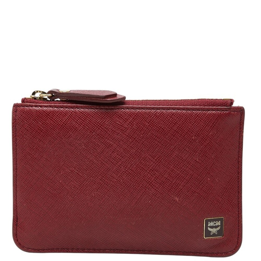 MCM Logo Wallet/Coin Case, Wine Red Gold Leather, Women's
